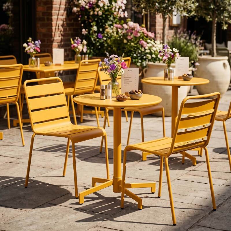 Gartentisch im Bistro-Stil, rund , neigbar, aus Metall mit Einbaufuß, Ø70 cm, und 2 Stühle (8/11)