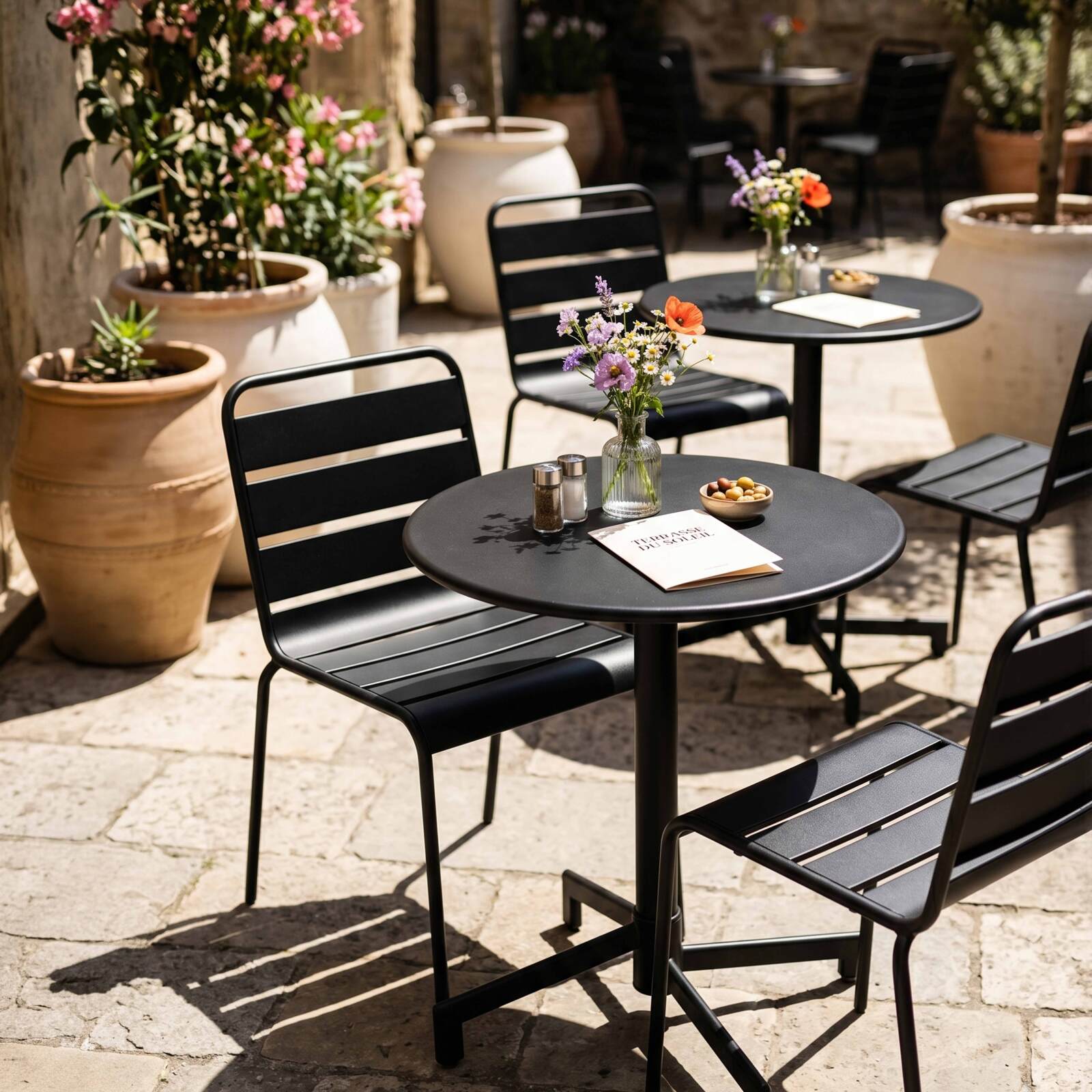 Gartentisch im Bistro-Stil, rund , neigbar, aus Metall mit Einbaufuß, Ø70 cm, und 2 Stühle