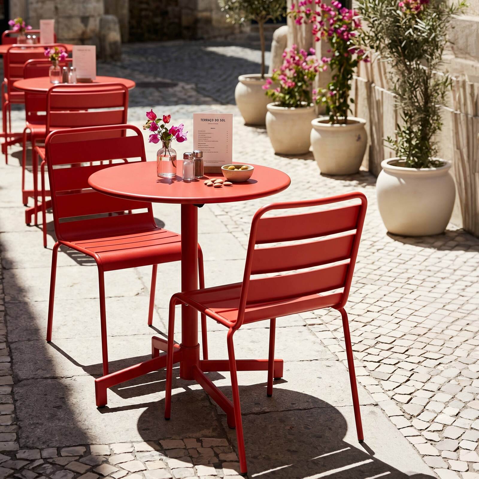 Gartentisch im Bistro-Stil, rund , neigbar, aus Metall mit Einbaufuß, Ø70 cm, und 2 Stühle