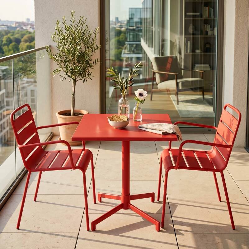 Gartentisch im Bistro-Stil, quadratisch, neigbar, aus Metall mit Einbaufuß, 70x70 cm, und 2 Stühle mit Armlehnen