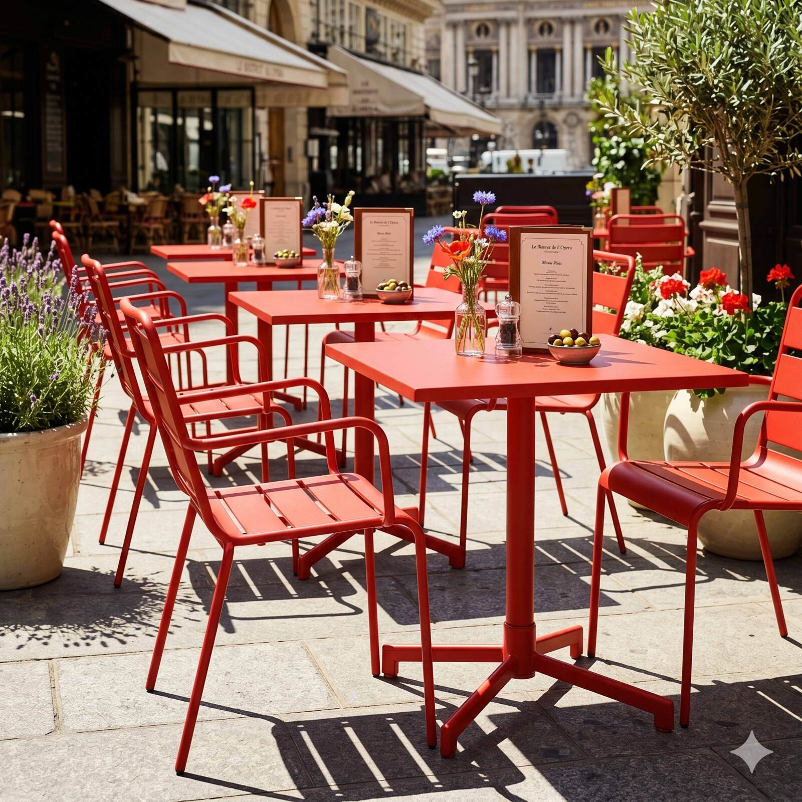 Gartentisch im Bistro-Stil, quadratisch, neigbar, aus Metall mit Einbaufuß, 70x70 cm, und 2 Stühle mit Armlehnen