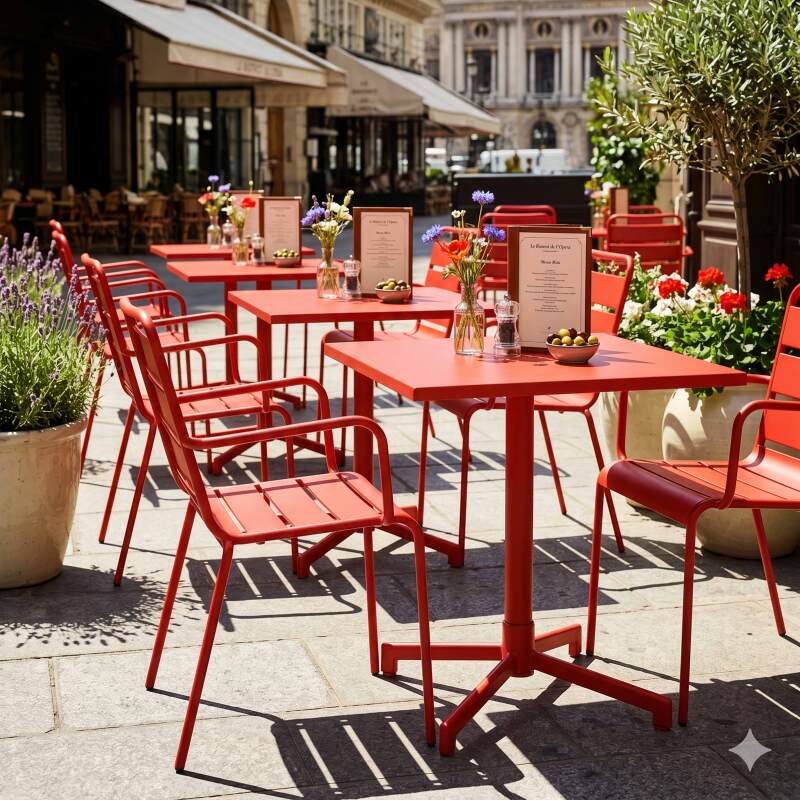 Gartentisch im Bistro-Stil, quadratisch, neigbar, aus Metall mit Einbaufuß, 70x70 cm, und 2 Stühle mit Armlehnen (6/7)