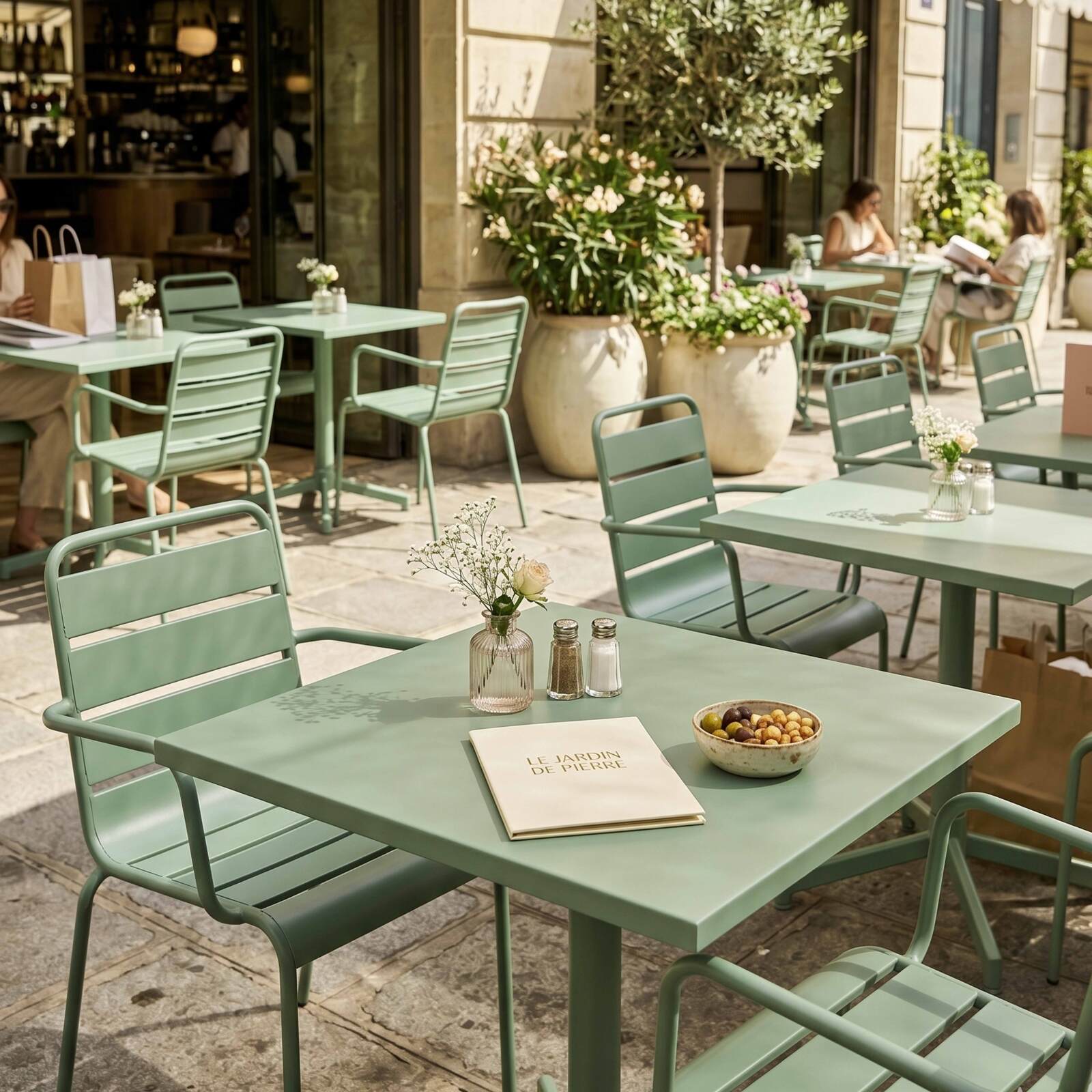 Gartentisch im Bistro-Stil, quadratisch, neigbar, aus Metall mit Einbaufuß, 70x70 cm, und 2 Stühle mit Armlehnen