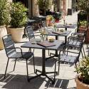 Gartentisch im Bistro-Stil, quadratisch, neigbar, aus Metall mit Einbaufuß, 70x70 cm, und 2 Stühle mit Armlehnen