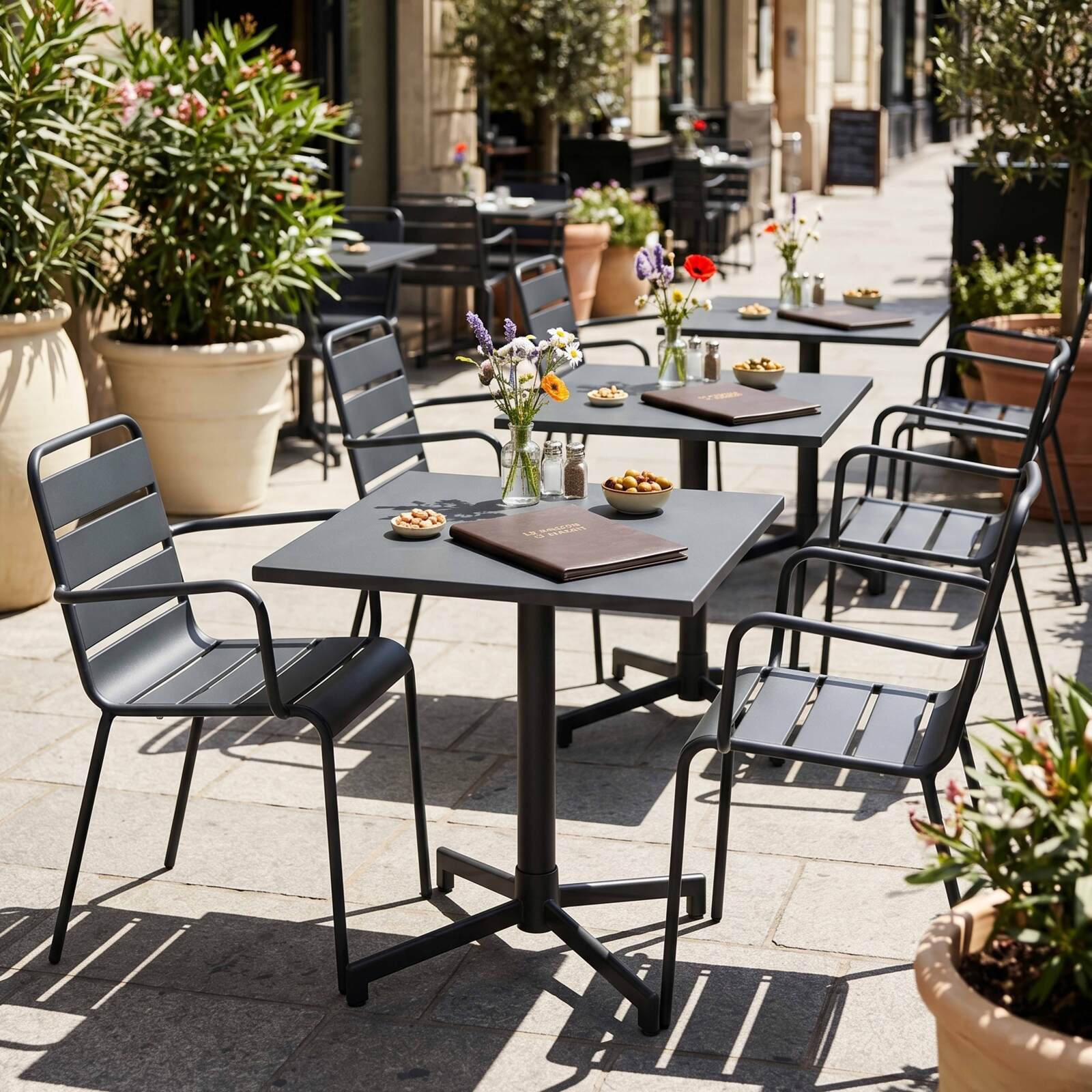 Gartentisch im Bistro-Stil, quadratisch, neigbar, aus Metall mit Einbaufuß, 70x70 cm, und 2 Stühle mit Armlehnen