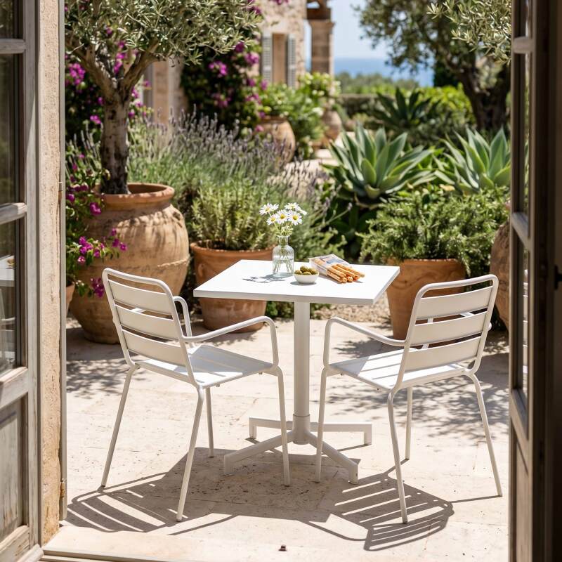 Gartentisch im Bistro-Stil, quadratisch, neigbar, aus Metall mit Einbaufuß, 70x70 cm, und 2 Stühle mit Armlehnen (2/7)