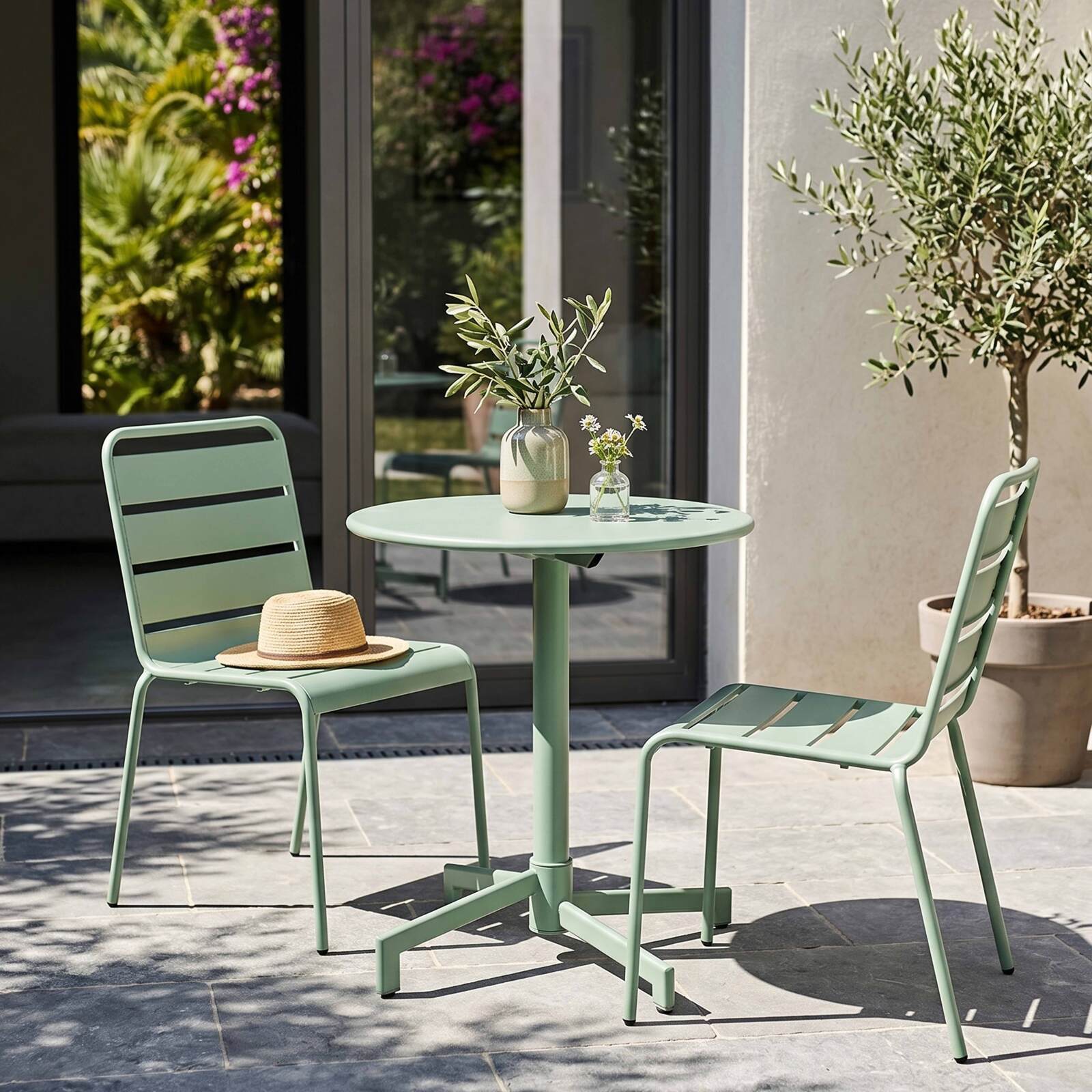 Gartentisch im Bistro-Stil, rund , neigbar, aus Metall mit Einbaufuß, Ø70 cm, und 2 Stühle