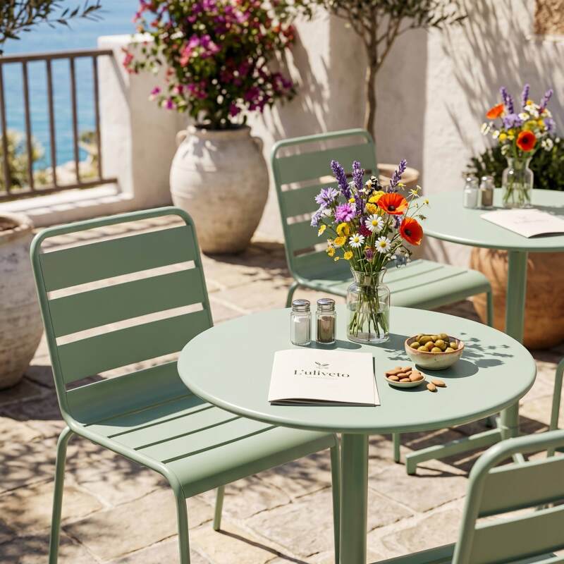 Gartentisch im Bistro-Stil, rund , neigbar, aus Metall mit Einbaufuß, Ø70 cm, und 2 Stühle (6/9)