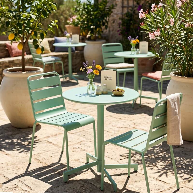 Gartentisch im Bistro-Stil, rund , neigbar, aus Metall mit Einbaufuß, Ø70 cm, und 2 Stühle (5/9)