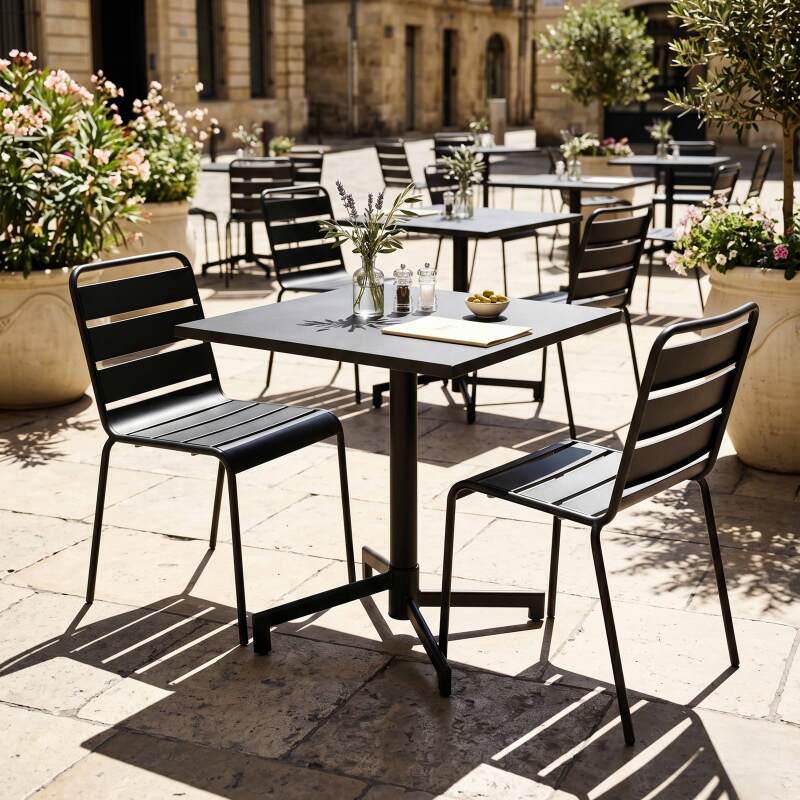 Gartentisch im Bistro-Stil, quadratisch, neigbar, aus Metall mit Einbaufuß, 70x70 cm, und 2 Stühle (5/7)
