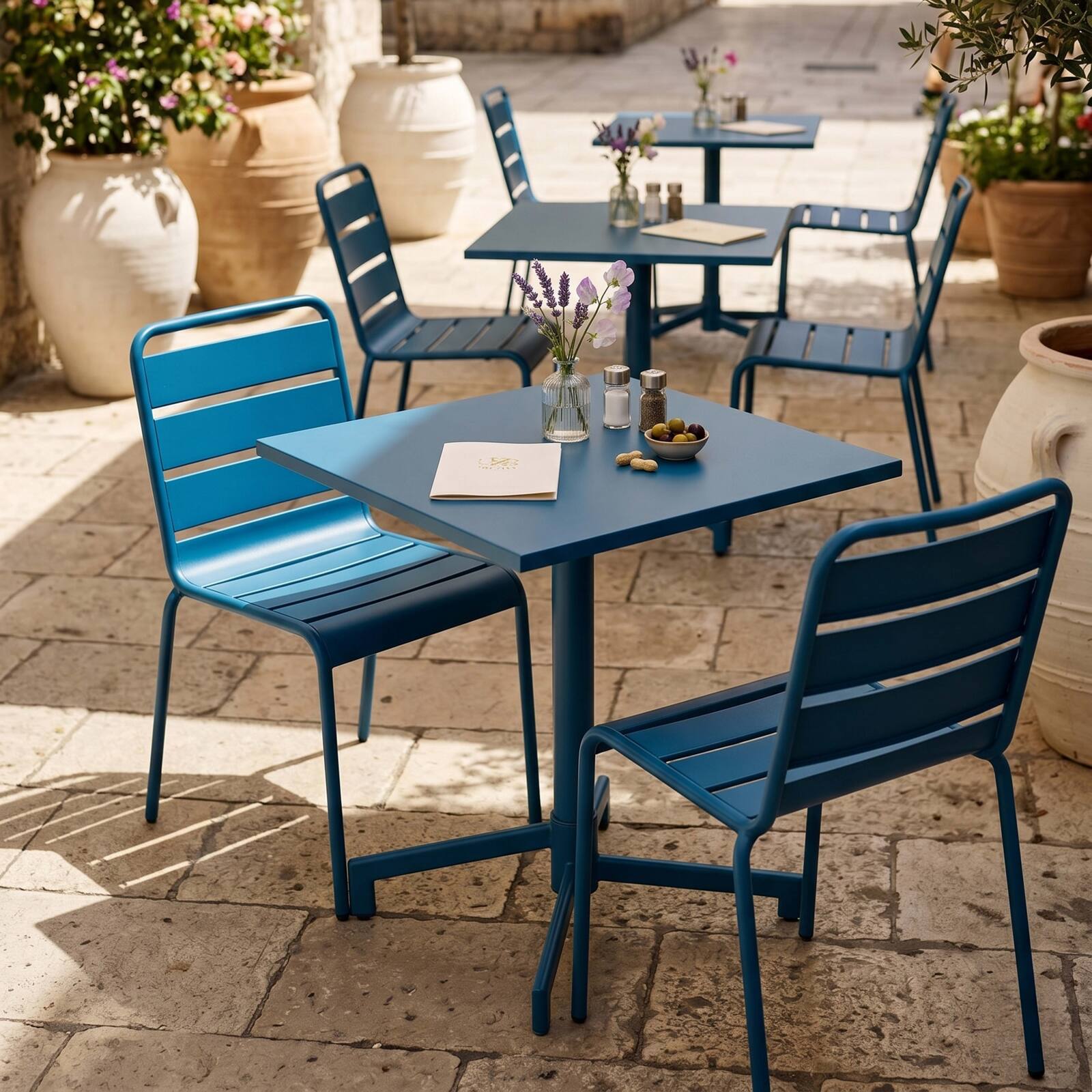 Gartentisch im Bistro-Stil, quadratisch, neigbar, aus Metall mit Einbaufuß, 70x70 cm, und 2 Stühle