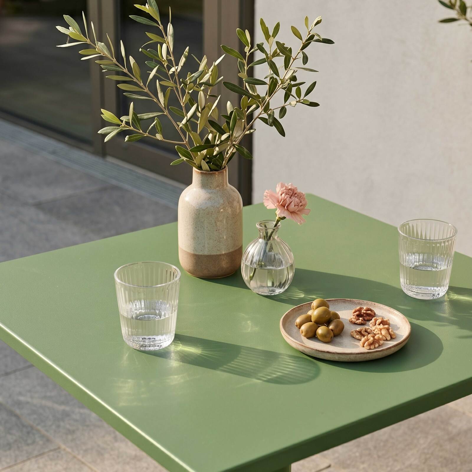 Gartentisch im Bistro-Stil, quadratisch, neigbar, aus Metall mit Einbaufuß, 70x70 cm, und 2 Stühle