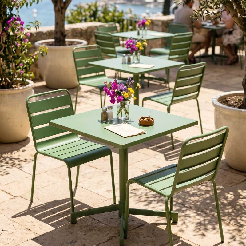 Gartentisch im Bistro-Stil, quadratisch, neigbar, aus Metall mit Einbaufuß, 70x70 cm, und 2 Stühle (6/8)