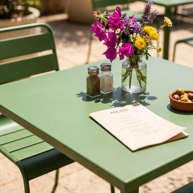 Gartentisch im Bistro-Stil, quadratisch, neigbar, aus Metall mit Einbaufuß, 70x70 cm, und 2 Stühle (7/8)