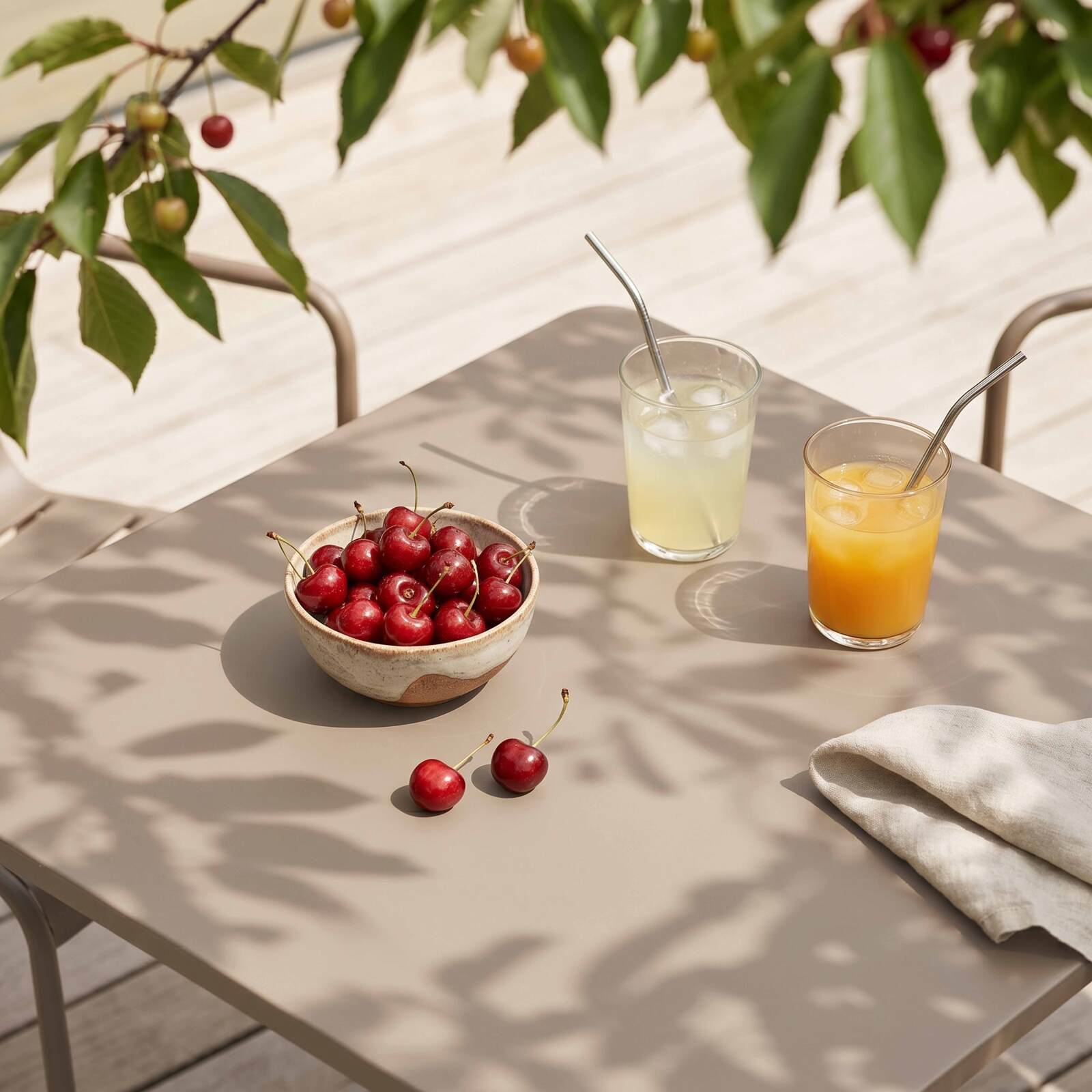 Gartentisch im Bistro-Stil, quadratisch, aus Metall, 70x70 cm, und 2 Stühle mit Armlehnen
