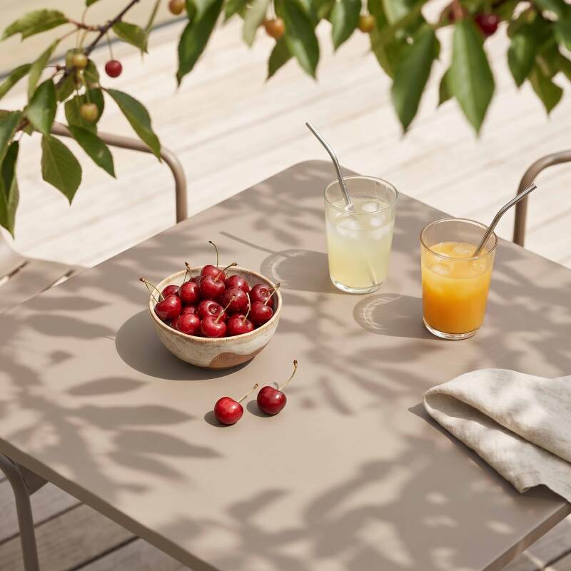 Gartentisch im Bistro-Stil, quadratisch, aus Metall, 70x70 cm, und 2 Stühle mit Armlehnen (2/7)
