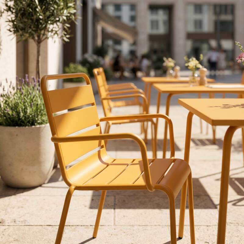Gartentisch im Bistro-Stil, quadratisch, aus Metall, 70x70 cm, und 2 Stühle mit Armlehnen (4/7)