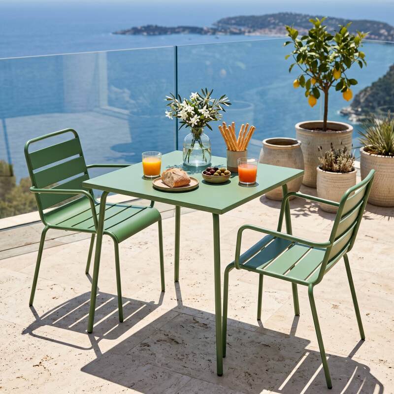 Gartentisch im Bistro-Stil, quadratisch, aus Metall, 70x70 cm, und 2 Stühle mit Armlehnen