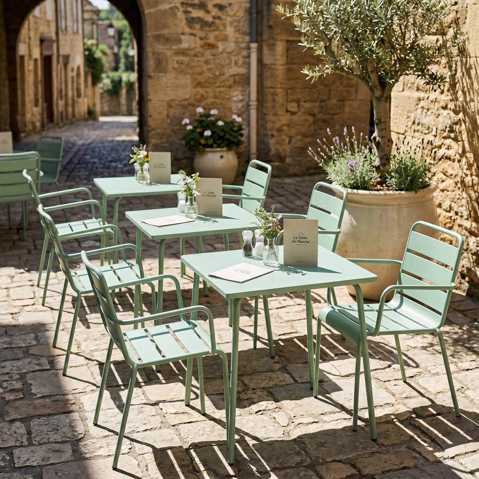 Gartentisch im Bistro-Stil, quadratisch, aus Metall, 70x70 cm, und 2 Stühle mit Armlehnen