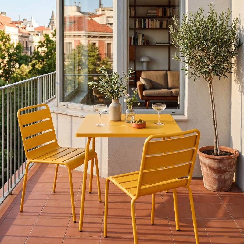 Gartentisch im Bistro-Stil, quadratisch, aus Metall, 70x70 cm, und 2 Stühle
