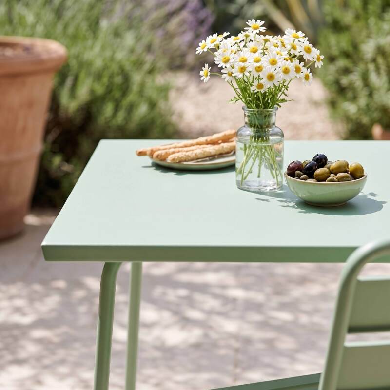 Gartentisch im Bistro-Stil, quadratisch, aus Metall, 70x70 cm, und 2 Stühle (2/7)