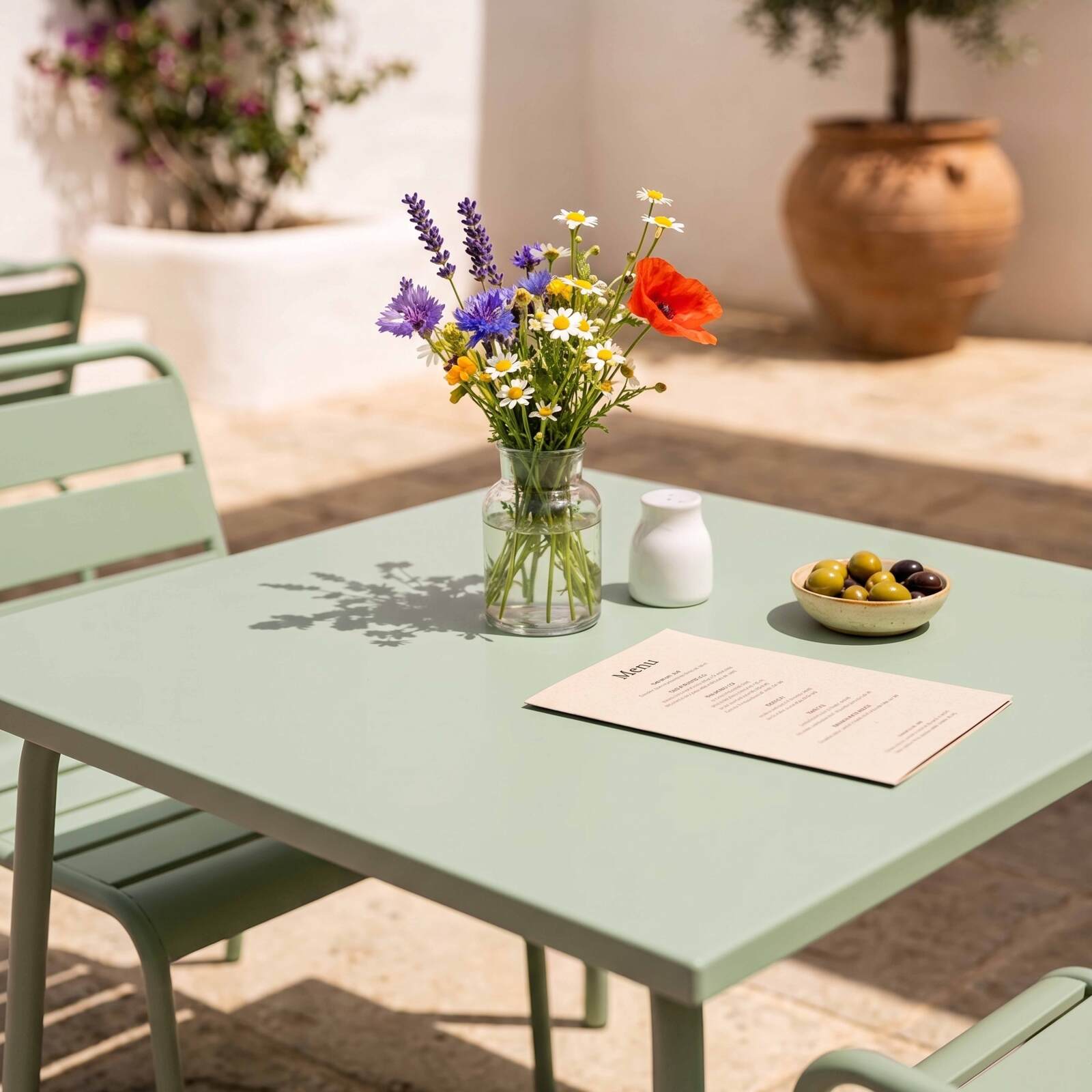 Gartentisch im Bistro-Stil, quadratisch, aus Metall, 70x70 cm, und 2 Stühle