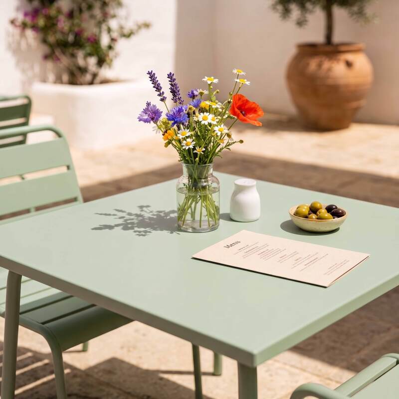 Gartentisch im Bistro-Stil, quadratisch, aus Metall, 70x70 cm, und 2 Stühle (6/7)
