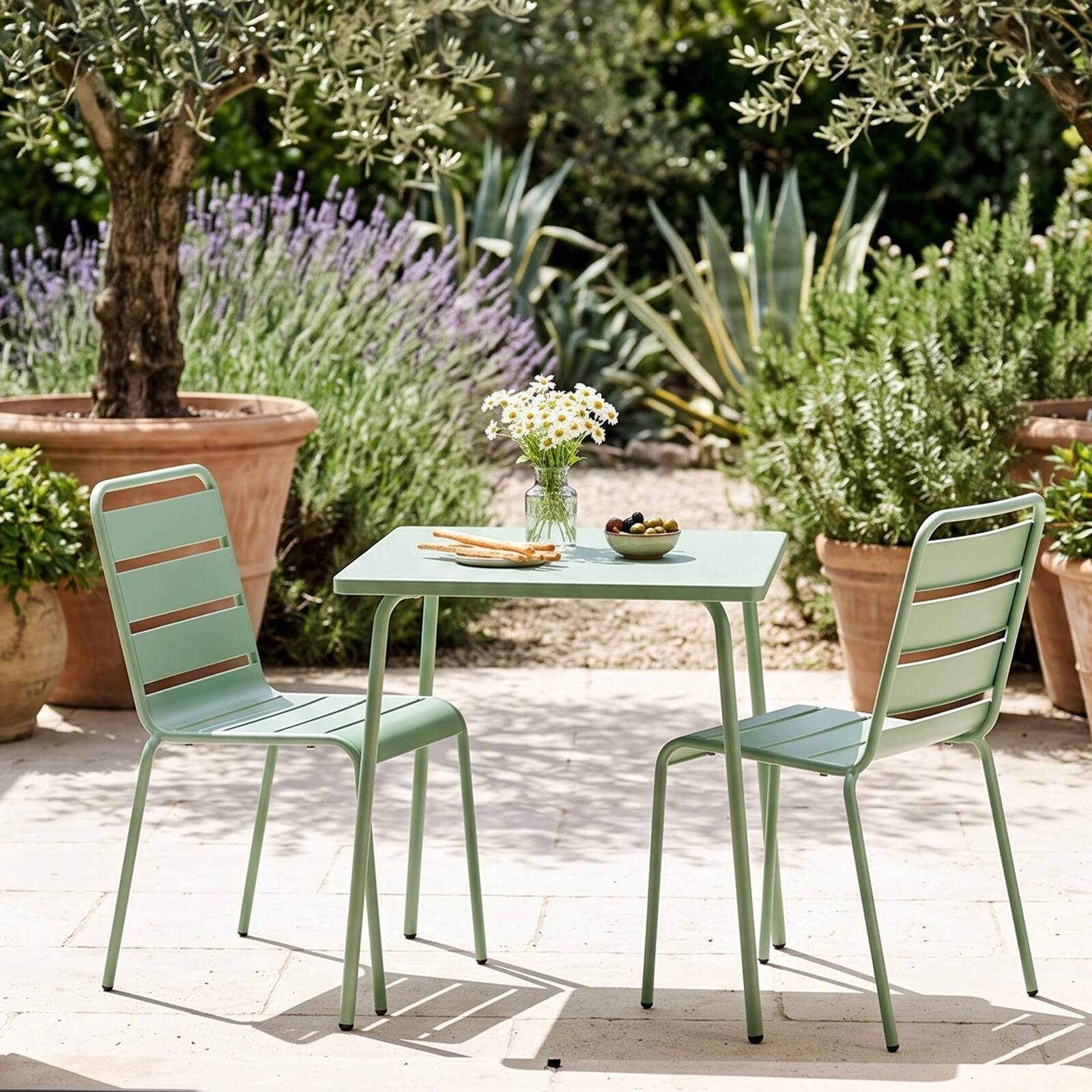 Gartentisch im Bistro-Stil, quadratisch, aus Metall, 70x70 cm, und 2 Stühle