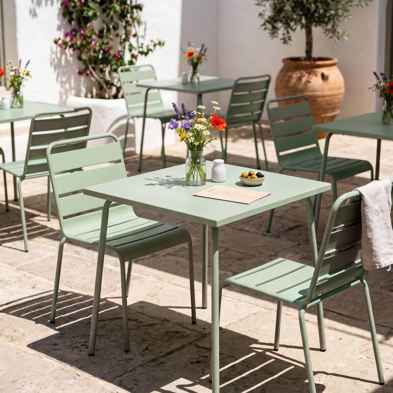 Gartentisch im Bistro-Stil, quadratisch, aus Metall, 70x70 cm, und 2 Stühle (5/7)