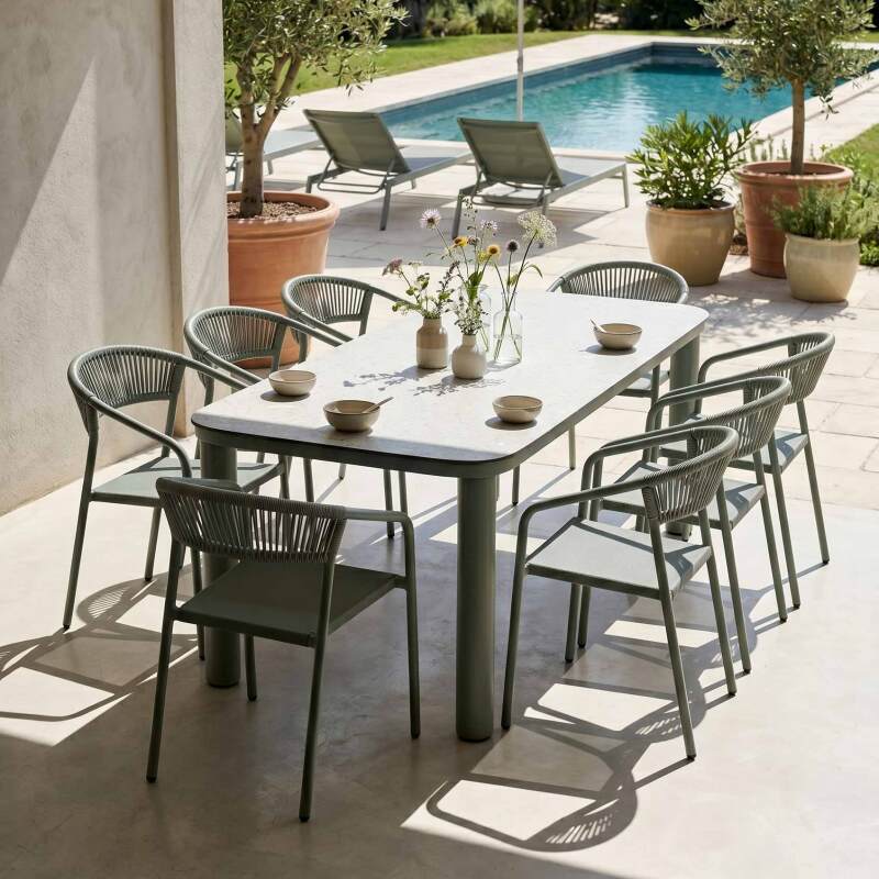 Gartentisch Aluminiumgestell, 8 Personen, 213x90 cm, und 8 Stühle aus Textilene