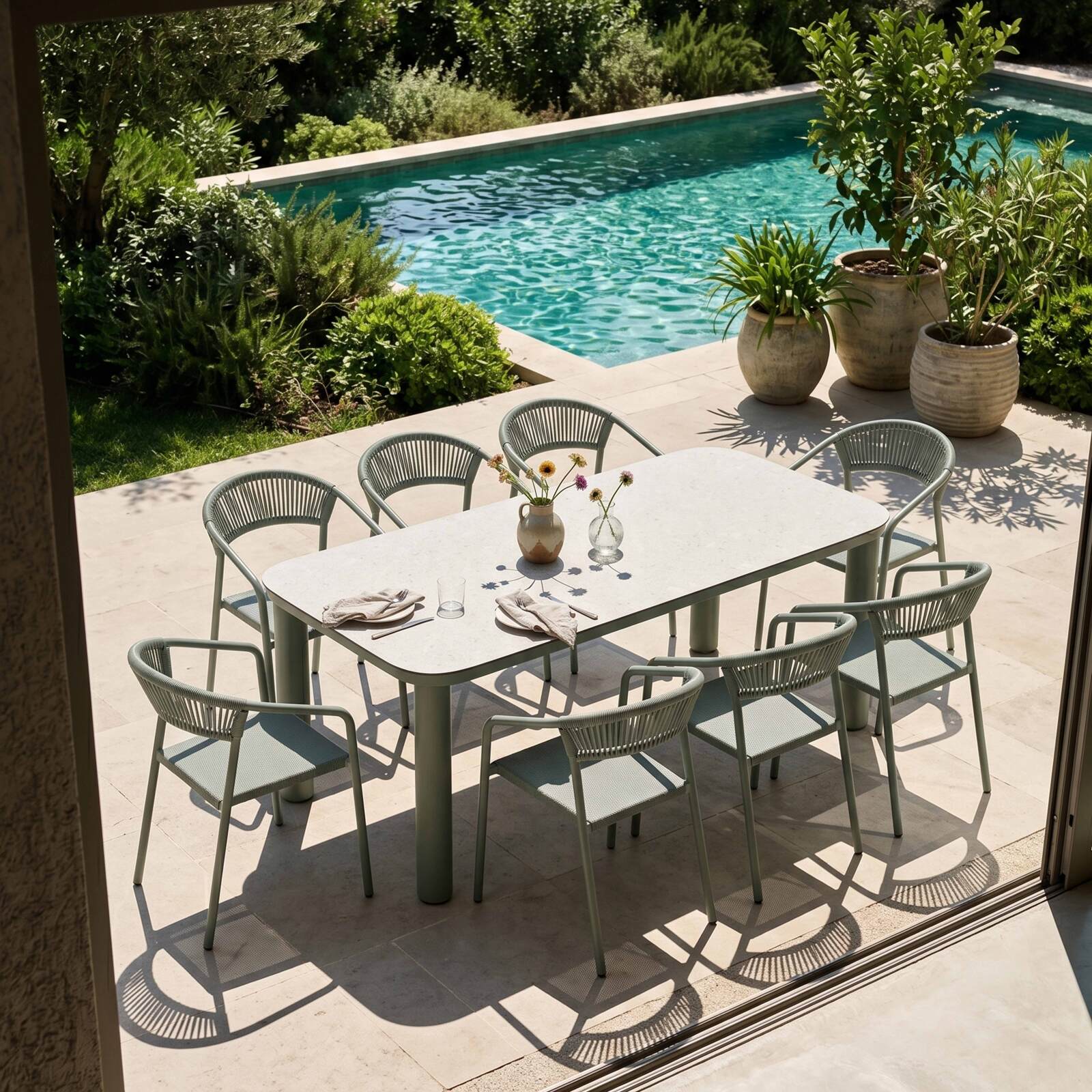 Gartentisch Aluminiumgestell, 8 Personen, 213x90 cm, und 8 Stühle aus Textilene