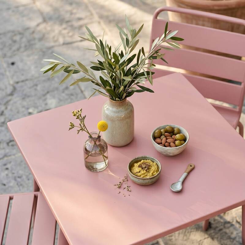 Gartentisch im Bistro-Stil, quadratisch, aus Metall, 70x70 cm, und 2 Stühle (2/7)