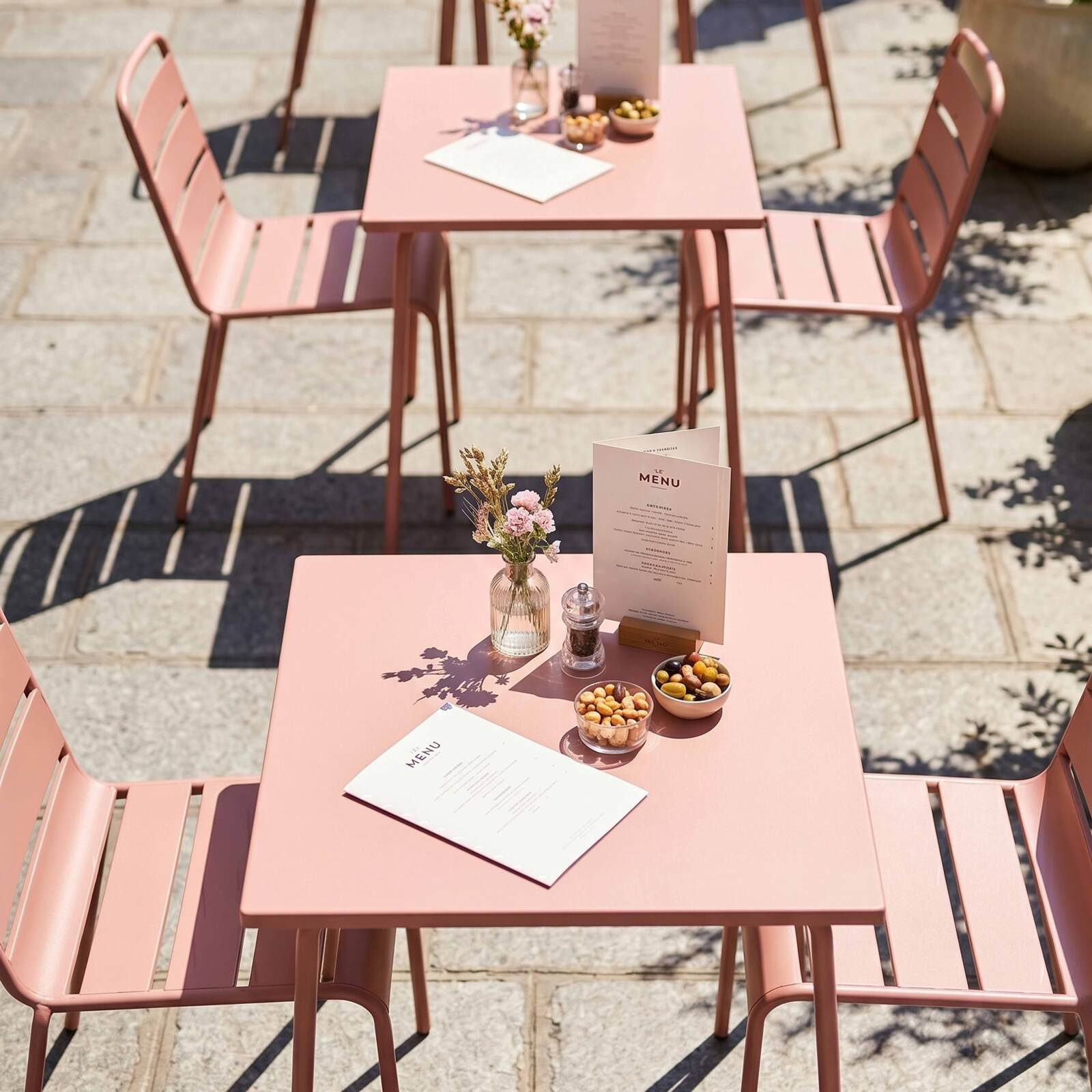 Gartentisch im Bistro-Stil, quadratisch, aus Metall, 70x70 cm, und 2 Stühle