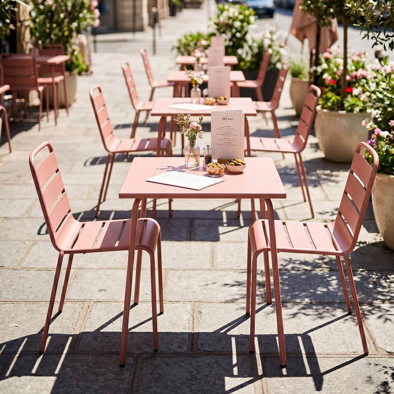 Gartentisch im Bistro-Stil, quadratisch, aus Metall, 70x70 cm, und 2 Stühle