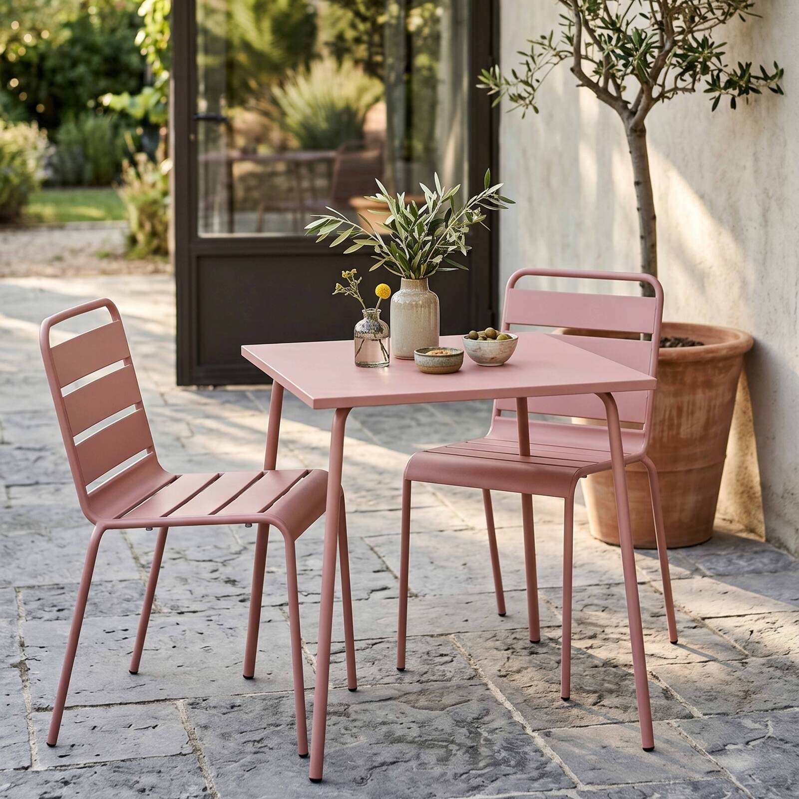 Gartentisch im Bistro-Stil, quadratisch, aus Metall, 70x70 cm, und 2 Stühle