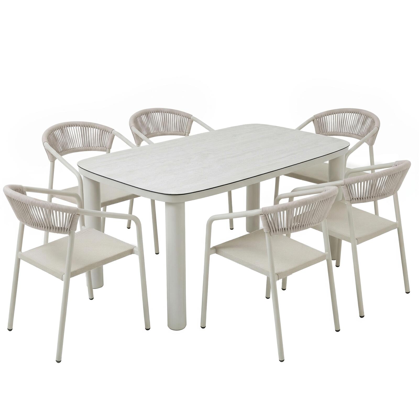 Gartentisch Aluminiumgestell, 6 Personen, 150x90 cm, und 6 Stühle aus Textilene