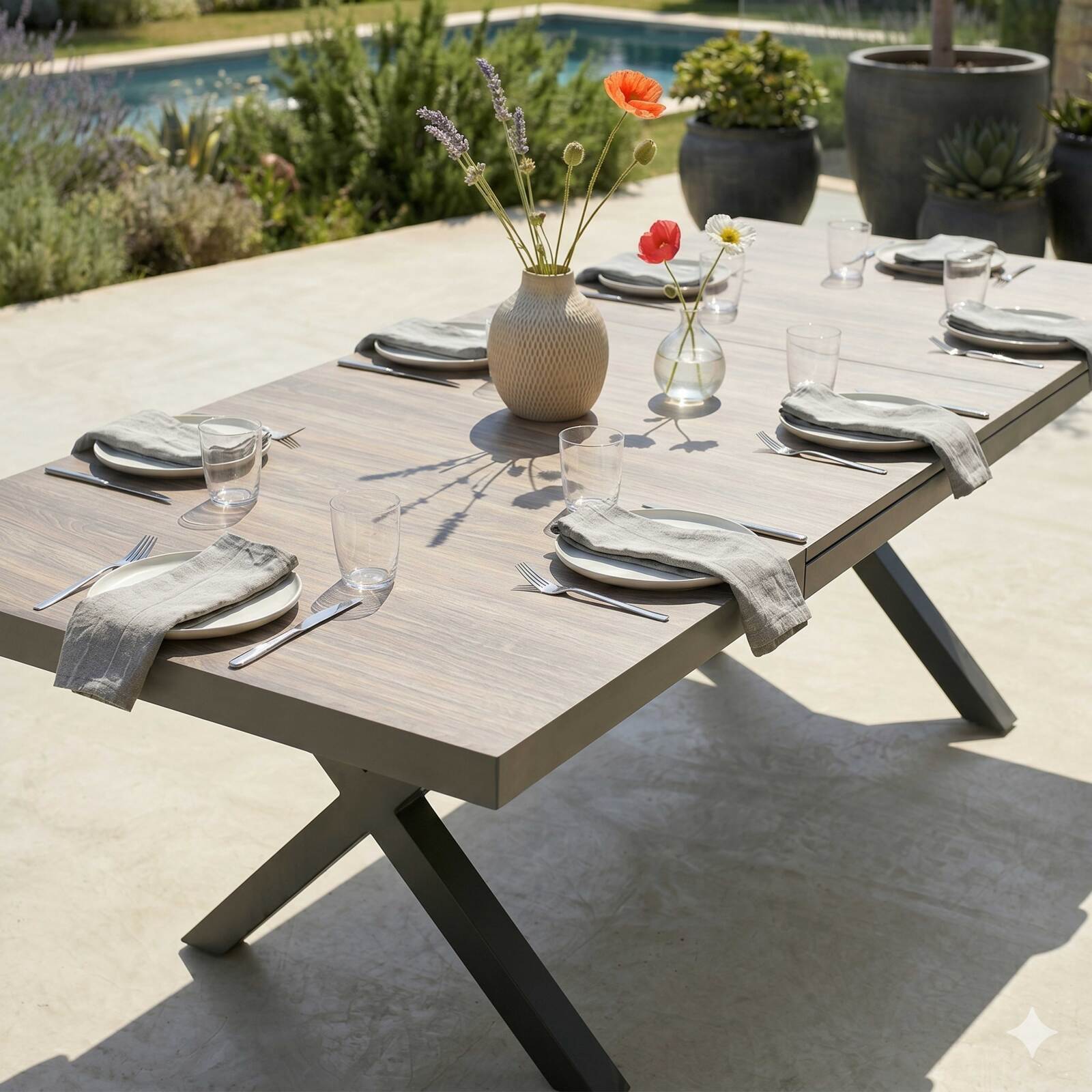 Ausziehbarer Gartentisch aus Aluminium und Keramik in Holzoptik, 200/260x100 cm, und 10 Stühle aus Textilene