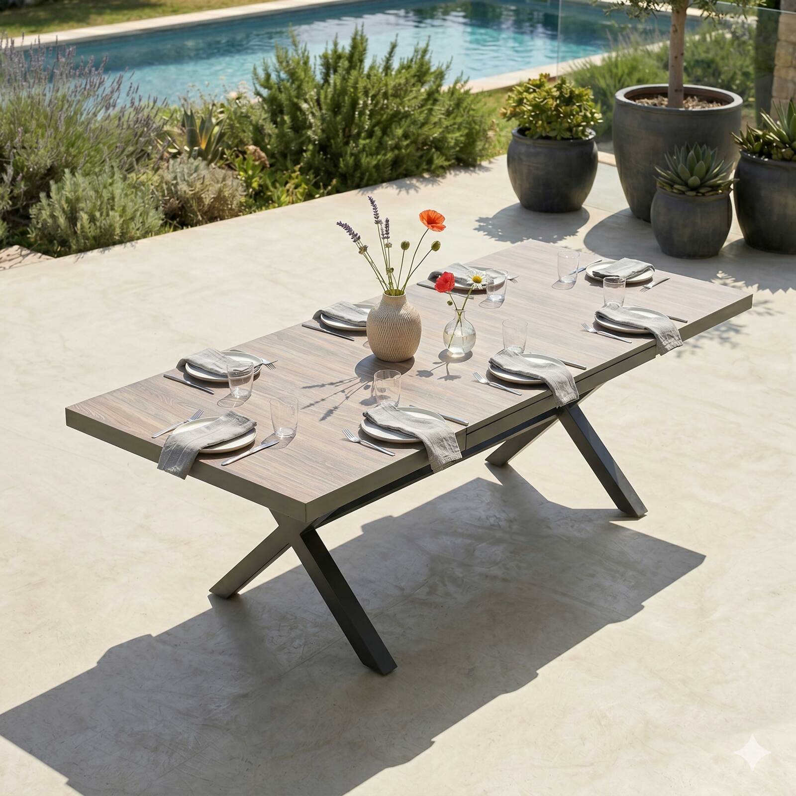 Ausziehbarer Gartentisch aus Aluminium und Keramik in Holzoptik 8 bis 12 Personen 200/260x100 cm