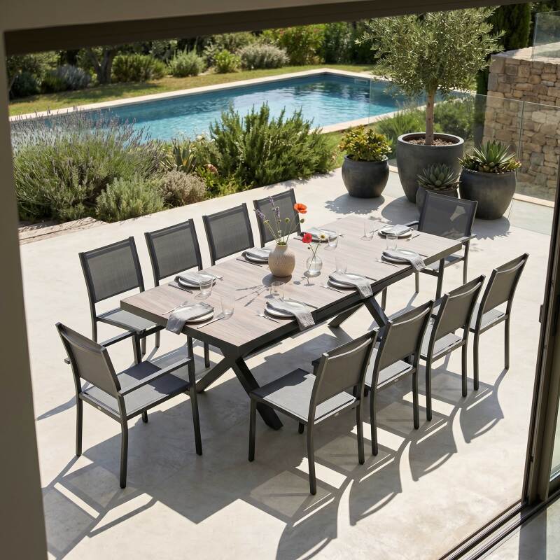 Ausziehbarer Gartentisch aus Aluminium und Keramik in Holzoptik 8 bis 12 Personen 200/260x100 cm (3/8)