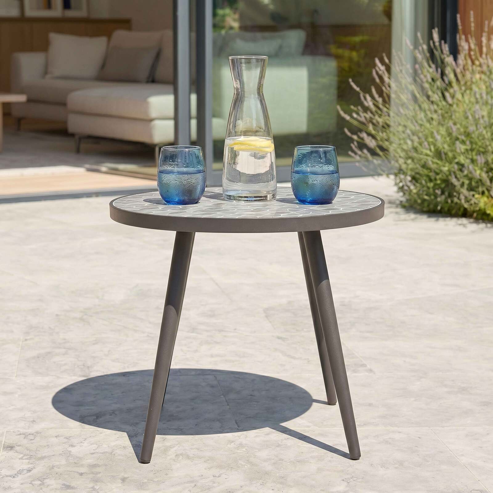 Garten Couchtisch Runde aus Keramik und pulverbeschichtetem Metall mit PALM-Muster Ø45x35 cm