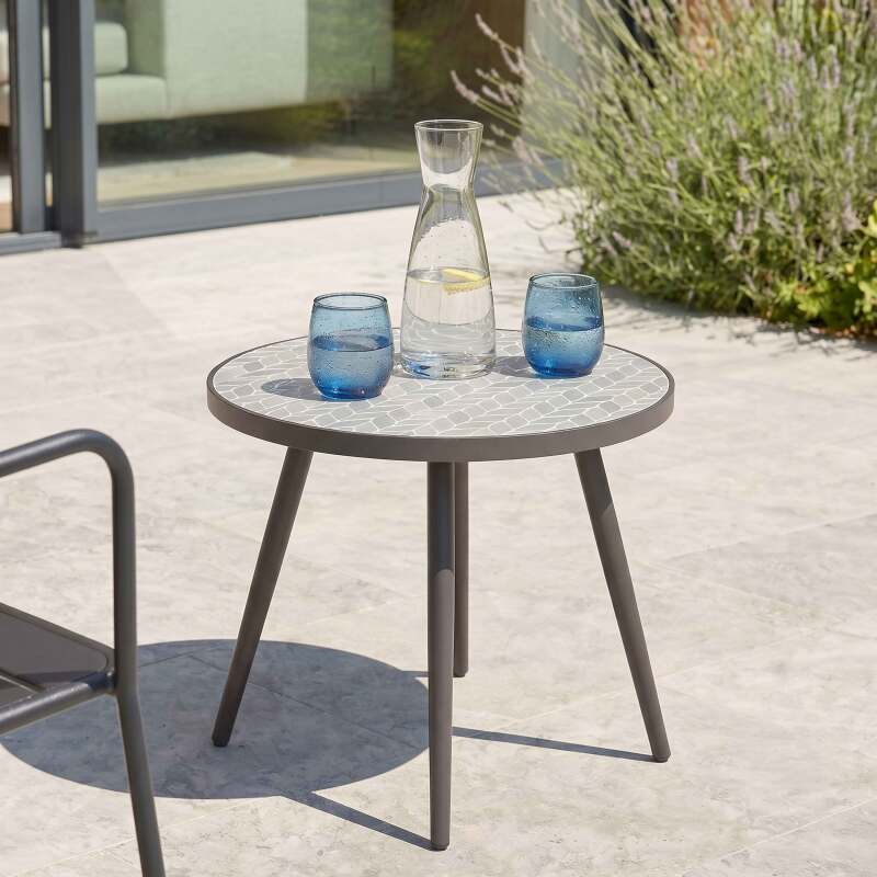 Garten Couchtisch Runde aus Keramik und pulverbeschichtetem Metall mit PALM-Muster Ø45x35 cm