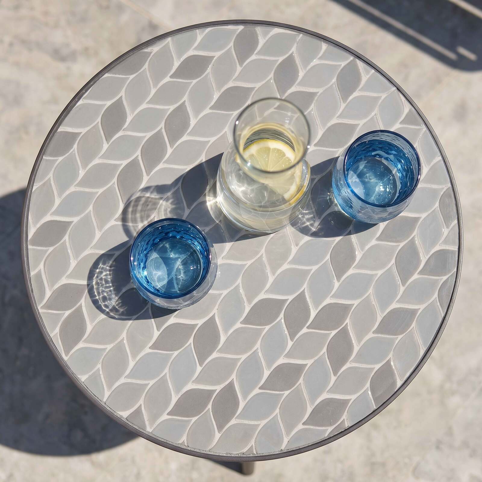 Garten Couchtisch Runde aus Keramik und pulverbeschichtetem Metall mit PALM-Muster Ø45x35 cm