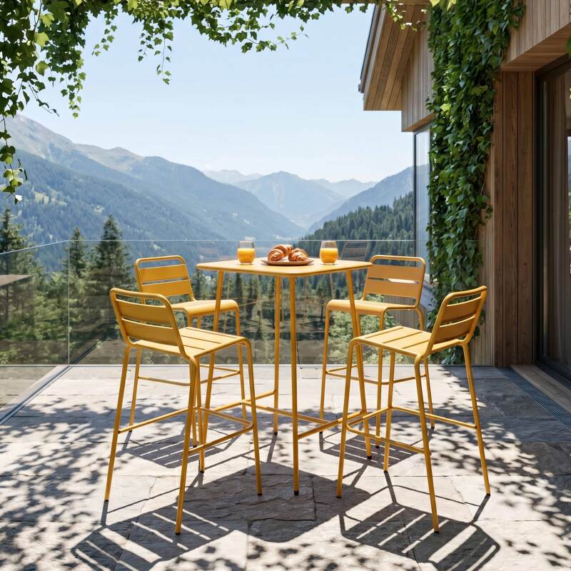 Garten-Hochtisch quadratisch, aus Metall, 70x70 cm, und 4 Hochstühle