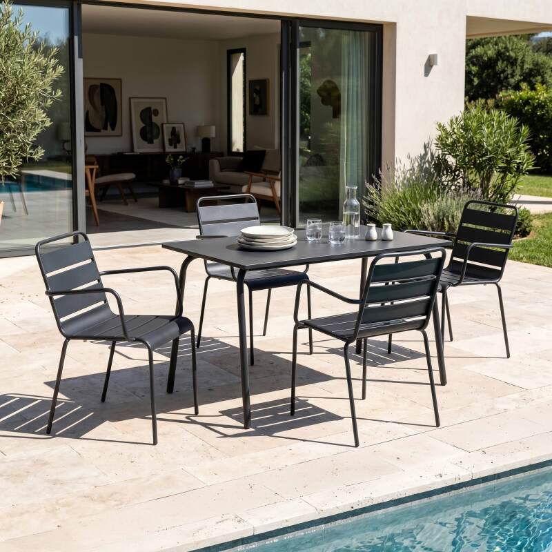 Gartentisch aus Metall, 120x70 cm, und 4 Stühle mit Armlehnen