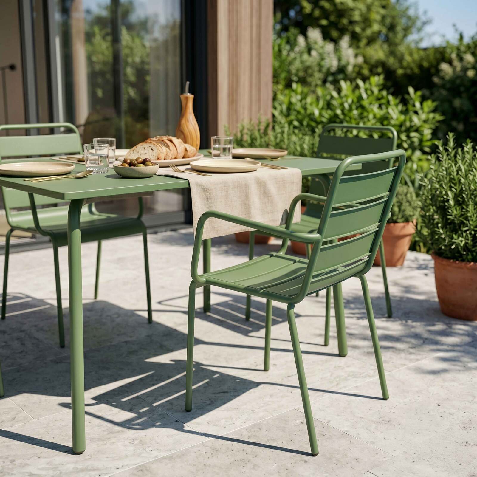 Gartentisch aus Metall, 120x70 cm, und 4 Stühle mit Armlehnen