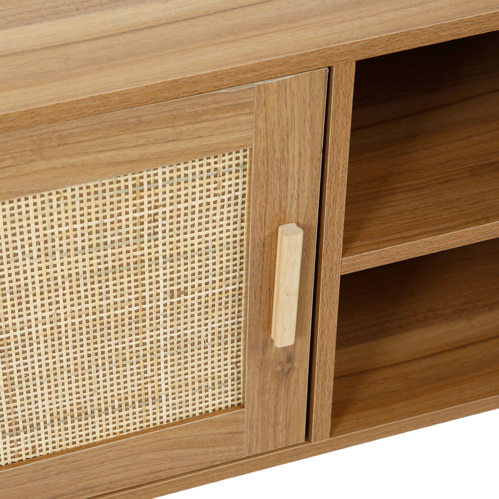 Lowboard in Holzoptik, 120 cm, mit synthetischem Rattan, skandinavischer Stil