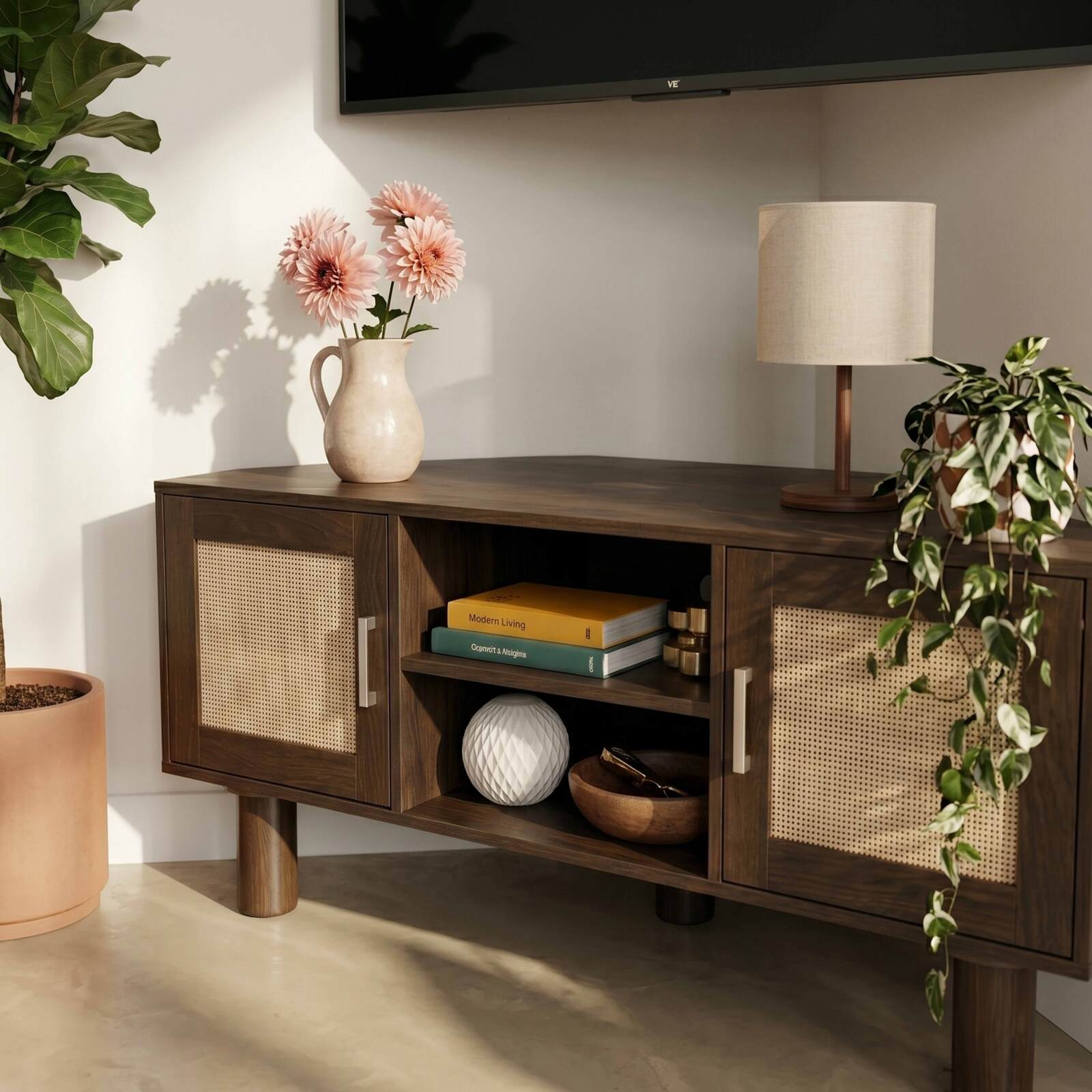 Lowboard in Holzoptik, 120 cm, mit synthetischem Rattan, skandinavischer Stil