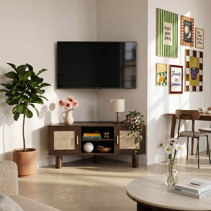 Lowboard in Holzoptik, 120 cm, mit synthetischem Rattan, skandinavischer Stil