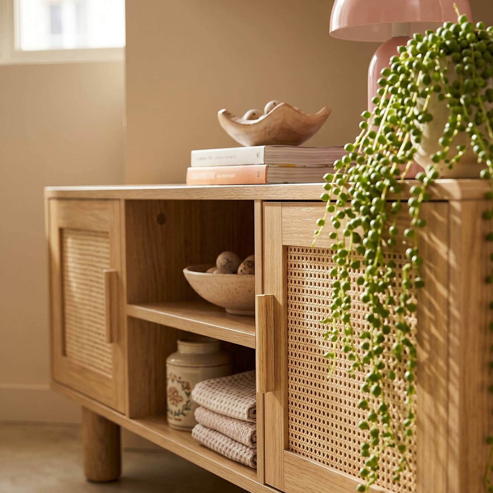 Lowboard in Holzoptik, 120 cm, mit synthetischem Rattan, skandinavischer Stil