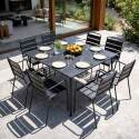 Quadratischer Gartentisch aus Metall, 120x120 cm, und 8 Stühle mit Armlehnen